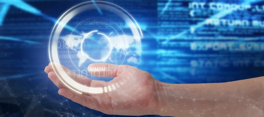 Composite image of cropped hand of woman offering