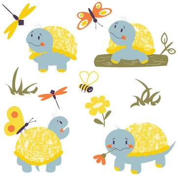 Cartoon turtles with insects set