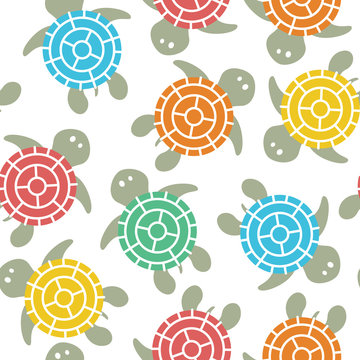 Cartoon vector colorful turtles seamless pattern.
