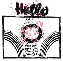 Hand drawn vector abstract template card Hello lettering for greeting. Love you handwritten texture calligraphy