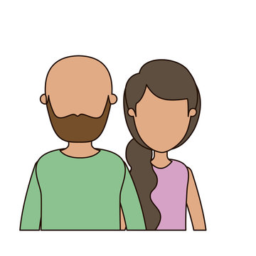 colorful caricature faceless front view half body couple woman with ponytail side hair and bearded bald man vector illustration