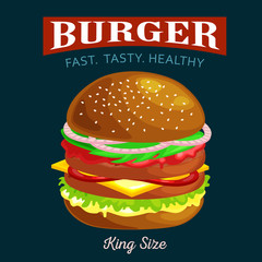 tasty burger grilled beef and fresh vegetables dressed with sauce in bun for snack or lunch, hamburger is classical american fast food meal usual menu could be barbecue meat bread tomato cheese