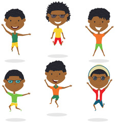 Happy African-American cartoon boys jumping.