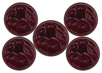 top view five glass of grape juice isolated on white.