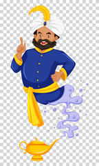 Genie flying out of golden lamp