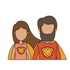 colorful caricature faceless half body couple female and male super hero with heart symbol in uniform vector illustration