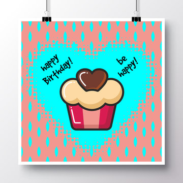 Poster with icon cupcake with heart and phrase-Happy Birthday against the background of a seamless pattern.