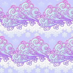 Fototapeta premium Fairytale style winter festive seamless pattern. Curly ornate clouds with a falling snowflakes. Christmas mood. Pastel palette. EPS10 vector illustration
