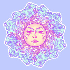 Decorative sticker. Fairytale style sun with a human face resting on a curly ornate clouds. Decorative element for tattoo textile prints or greeting card design. EPS10 vector illustration