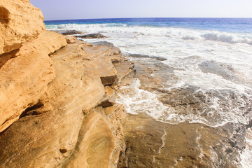 Seashore Waves and Mountain under the Sunshine in Matrouh, Egypt / View of Beautiful Seashore Waves and Majestic Mountain under the Sunshine in Matrouh, Egypt