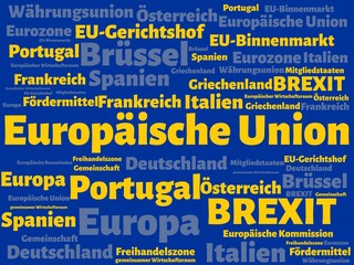 Europäische Union - Bilder mit Wörtern aus dem Bereich Europäische Union, Wortwolke, Würfel, Buchstabe, Bild, Illustration