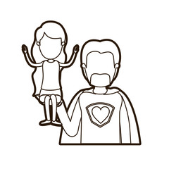 black thick contour caricature faceless half body super dad hero with girl on his hand vector illustration