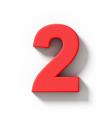 number 2 3D red isolated on white with shadow - orthogonal projection
