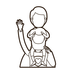 black thick contour caricature faceless half body super dad hero with boy on his back vector illustration