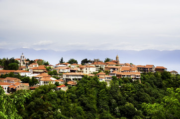 Panoramic view of a small town in the mountains, Sighnaghi or Signagi city in Georgia