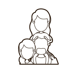 black thick contour caricature faceless half body family with mother and father with moustache and girl on his back vector illustration