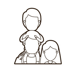 black thick contour caricature faceless half body family mother and father with boy on his back vector illustration