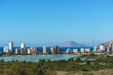 Landscape of Calpe, Alicante, Spain with the Penon of Ifach and the Salina's lagoon.