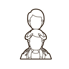 black thick contour caricature faceless half body young father with boy on his back vector illustration