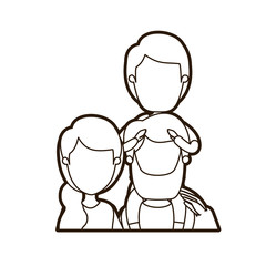 black thick contour caricature faceless front view half body family parents with boy on his back vector illustration