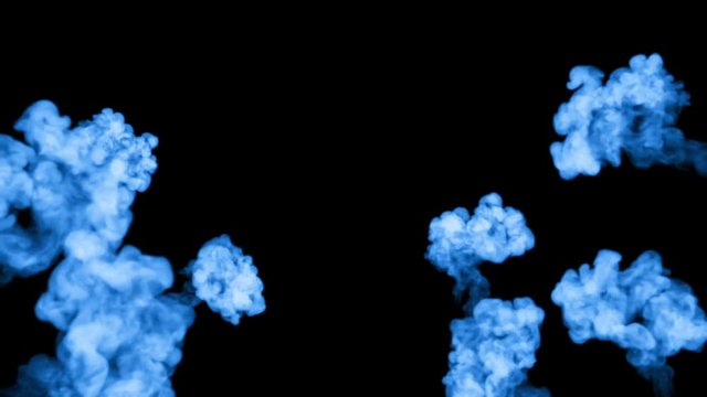 A lot of flows of fluorescent blue ink or smoke, isolated on black in slow motion. Blue dye drop in water. Use for ink background, ink effects. Alpha channel is on use luma matte as alpha mask