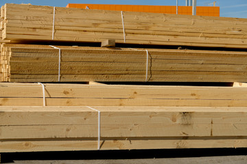 Wooden planks on timber yard, warehouse or sawmill.