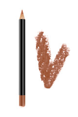 Brown lips contour cosmetic pencil with color stroke sample, beauty product isolated on white background