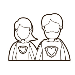 black thick contour caricature faceless half body couple parents super hero with heart symbol in uniform vector illustration