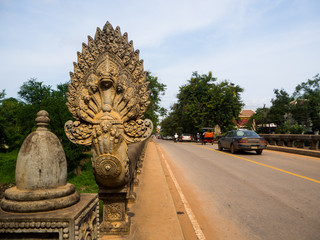 Seven heads Naga stone carving at cambodia.