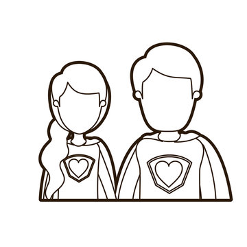 black thick contour caricature faceless half body young couple female and male super hero with heart symbol in uniform vector illustration