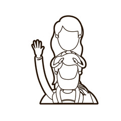 black thick contour caricature faceless half body super dad hero greeting with girl on his back vector illustration