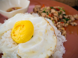 fried basil chicken and fried egg with rice.