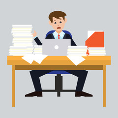 busy businessman stressed due to excessive work with full of paperwork in office, cartoon concept. vector illustration