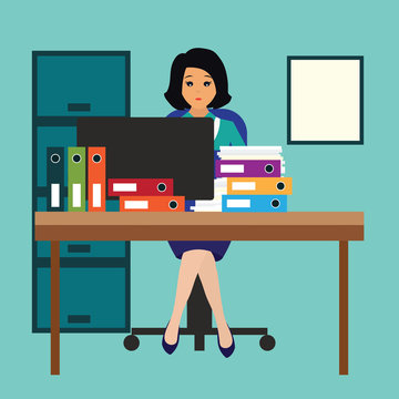 busy businesswoman stressed due to excessive work with full of paperwork in office, cartoon concept. vector illustration