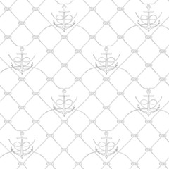 Nautical rope seamless fishnet pattern with anchors on white or dark blue background, cord grid