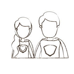blurred thin contour caricature faceless half body young couple female and male super hero with heart symbol in uniform vector illustration