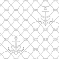 Fototapeta premium Nautical rope seamless fishnet pattern with anchors on white background, cord grid