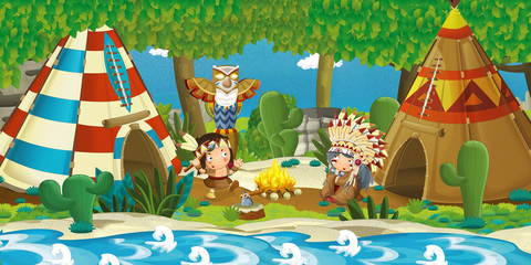 Cartoon indian chief is sitting by the fire near the tee pee and listening to some story from indian girl - illustration for children