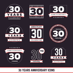 30 years anniversary emblems collection. Vector illustration.