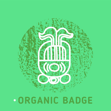 Vector Icon Style Illustration badge for Organic Vegan Healthy Shop or Store. Green Natural Vegetable and Wood Symbols, Farmer Market Countryside with natural Green texture.