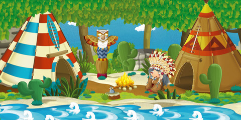 Cartoon indian chief is sitting by the fire near the tee pee and listening to some story from indian girl - illustration for children