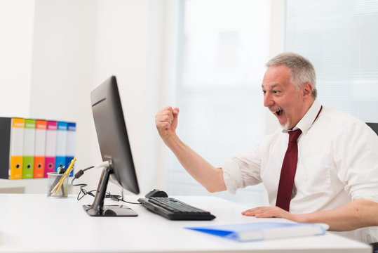 Very happy businessman in front of his computer