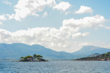 Small greek church on island - sea, blue, nature, beautiful, clouds, sunny day