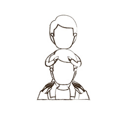 blurred thin contour caricature faceless half body young father with boy on his back vector illustration
