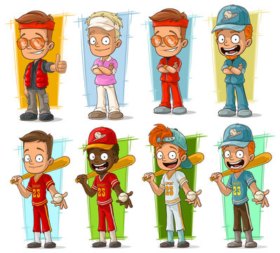 Cartoon sportsmen and baseball players characters vector set