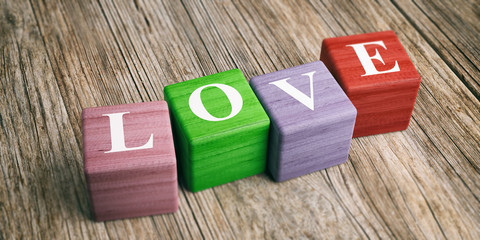 Word Love on wooden blocks. 3d illustration