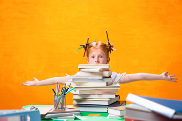The Redhead teen girl with lot of books at home. Studio shot © master1305