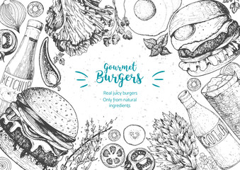 Burgers and ingredients for burgers vector illustration. Fast food, junk food frame. American food. Elements for burgers restaurant menu design. Engraved image, retro style. - obrazy, fototapety, plakaty