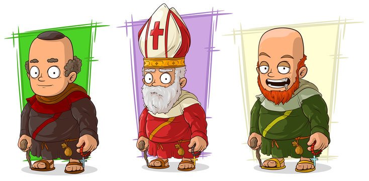 Cartoon old funny monk and priest characters vector set