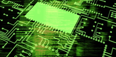 Composite image of blue circuit board on white background